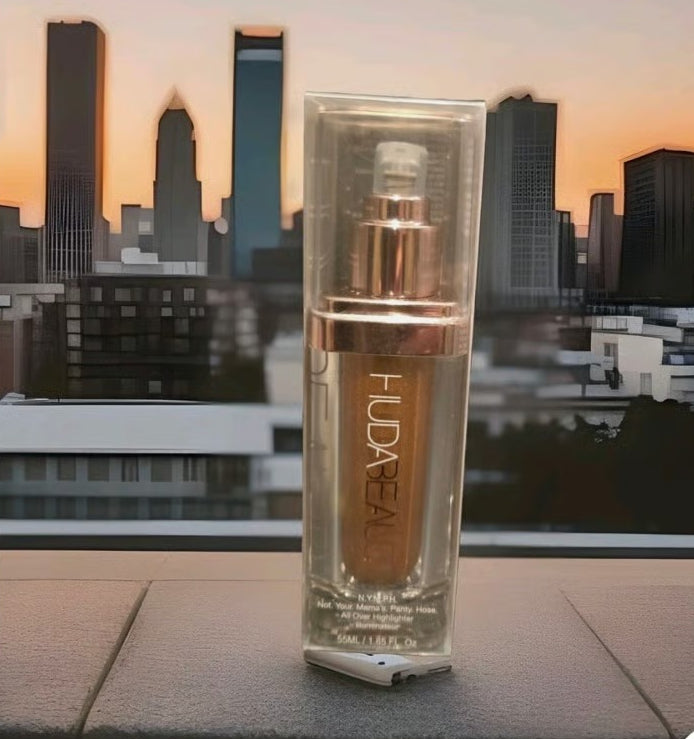 Huda Beauty N.Y.M.P.H. All Over Body Highlighter – Liquid Illuminator for Face, Body & Legs – Water-Based, Long-Lasting Glow – 35 ml